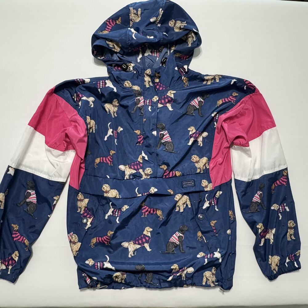 Simply Southern Women's Large Blue Dog Print Anorak Jacket Hood Zip Snap Pockets